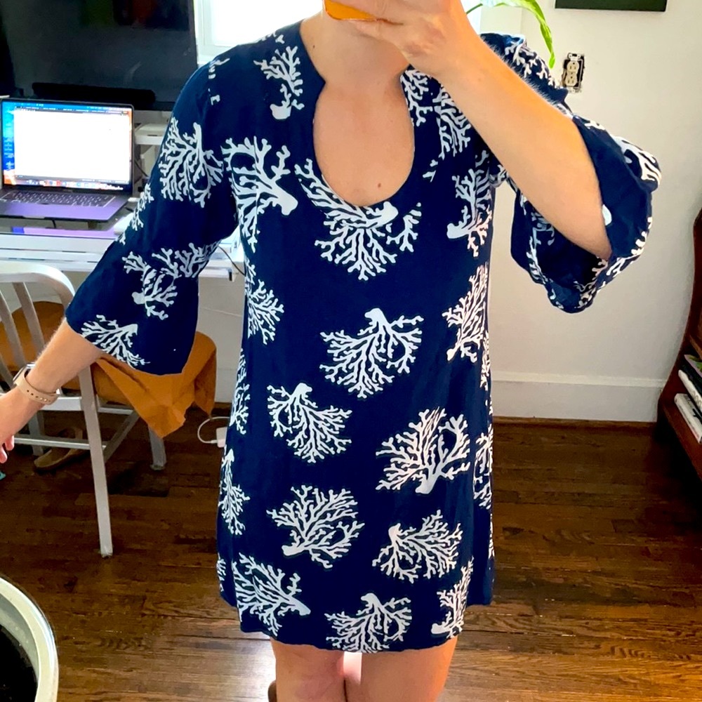 Escapada Navy and White with coral design dress